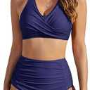 Bikini Sets for Women High Waisted Two Piece Swimsuit Ruched Tummy Control Bathing Suit V Neck Tie Back Swimwear, L