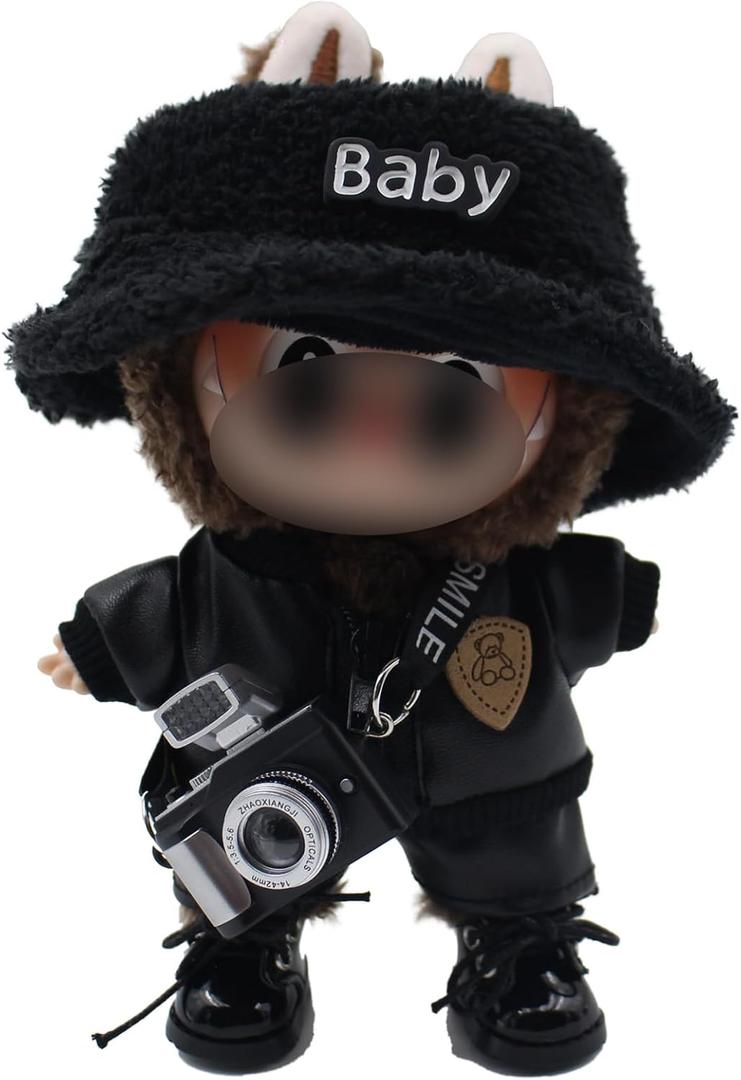 Original Design Doll Clothes Black Whole Set for 17cm Labubu with Hat,Jacket,Pants,Camera,Shoes(NO Doll)