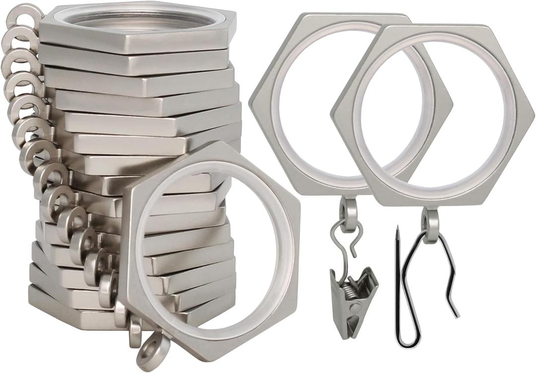 BlastHome Luxury Curtain Rings - Premium Metal with Quiet, Smooth, Removable Nylon Inserts - Pinhooks and Clips Included - 1 1/2" Inside Diameter - 18 Pack for Two Curtain - Brushed Nickel