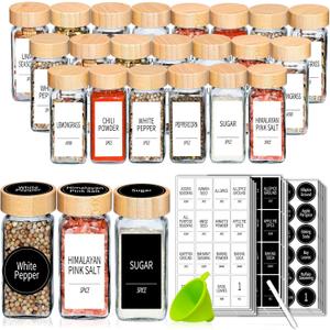 Churboro 24 Spice Jars with Labels & Bamboo Lids - 4 Oz Glass Containers with Shaker Lids, 547 Spice Labels of 3 Different Types Seasoning Jars for Spice Rack, Cabinet, or Drawer