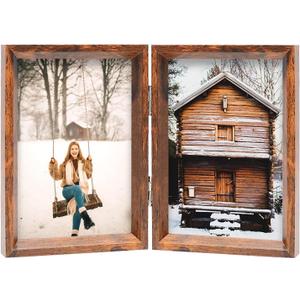 TOFOREVO 4x6 Double Picture Frame Rustic Brown Wooden Hinged Beveled Photo Frame Definition Glass 2 Vertical Openings Stand on Desktop Tabletop