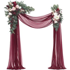 Floroom Arch Flowers with Drapes Kit (Pack of 4) - 2pcs Artificial Burgundy Floral Swag Arrangement with 2pcs Draping Fabric for Wedding Ceremony Arbor and Reception Backdrop Decoration