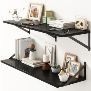 36"W x 12"D Floating Shelves, Black Deep Floating Shelves for Wall with Brackets, 12 Inch Deep Wall Shelves for Books, Wide Display Storage Shelves for Bathroom, Living Room, 36 Inch Long, Set of 2