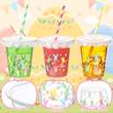 Qinyoung 14 oz Easter Cups with Lids Straws and Liners Bunny Plastic Disposable Rabbit Eggs Cups Bulk Easter Eggs Party Cups for Spring Easter Party Supplies Beverage Cold Drinking
