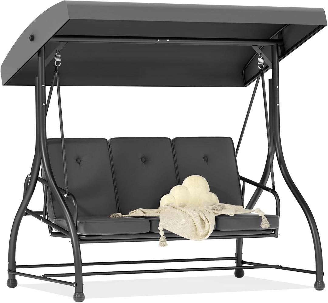 3-Seat Outdoor Porch Swing Glider with Adjustable Canopy, Patio Swings Bed with Removable Cushion for Porch, Backyard, Garden, Poolside, Balcony - Green