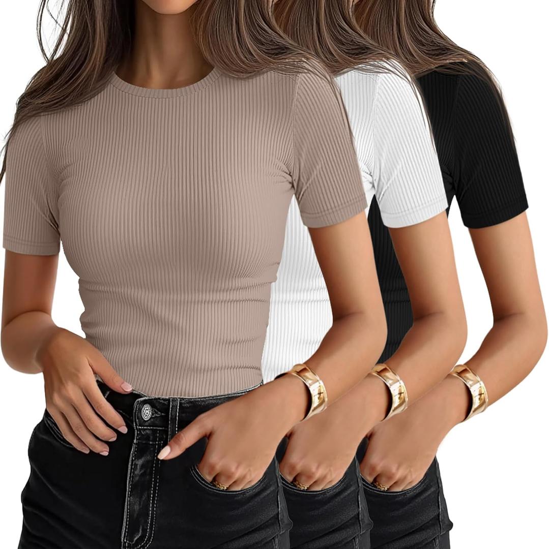 Ficerd 3 Pack Women's Ribbed T-Shirts, Cotton Short Sleeve Basic Tees Crewneck Fitted Tops Casual Shirts 2026 Summer Trendy (Black)