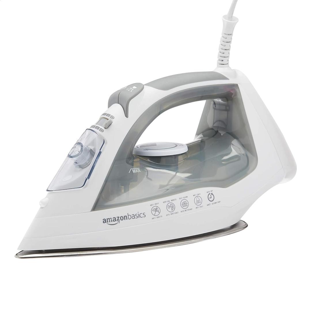 Amazon Basics Steam Iron for Clothes with Safety Auto Shut-Off, Handheld Garment Steamer, Wrinkle Remover, Stainless Steel Soleplate, Anti-Drip, 1700-Watt, 1.62ft, Gray