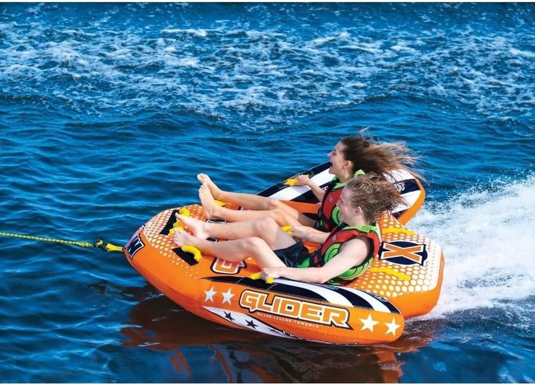 WOW Sports - Glider Inflatable Towable Tube w/ Flex Seating - 1 - 2 Riders - Perfect For Kids & Adults - Soft Top Deck Tube - Boating Accessory