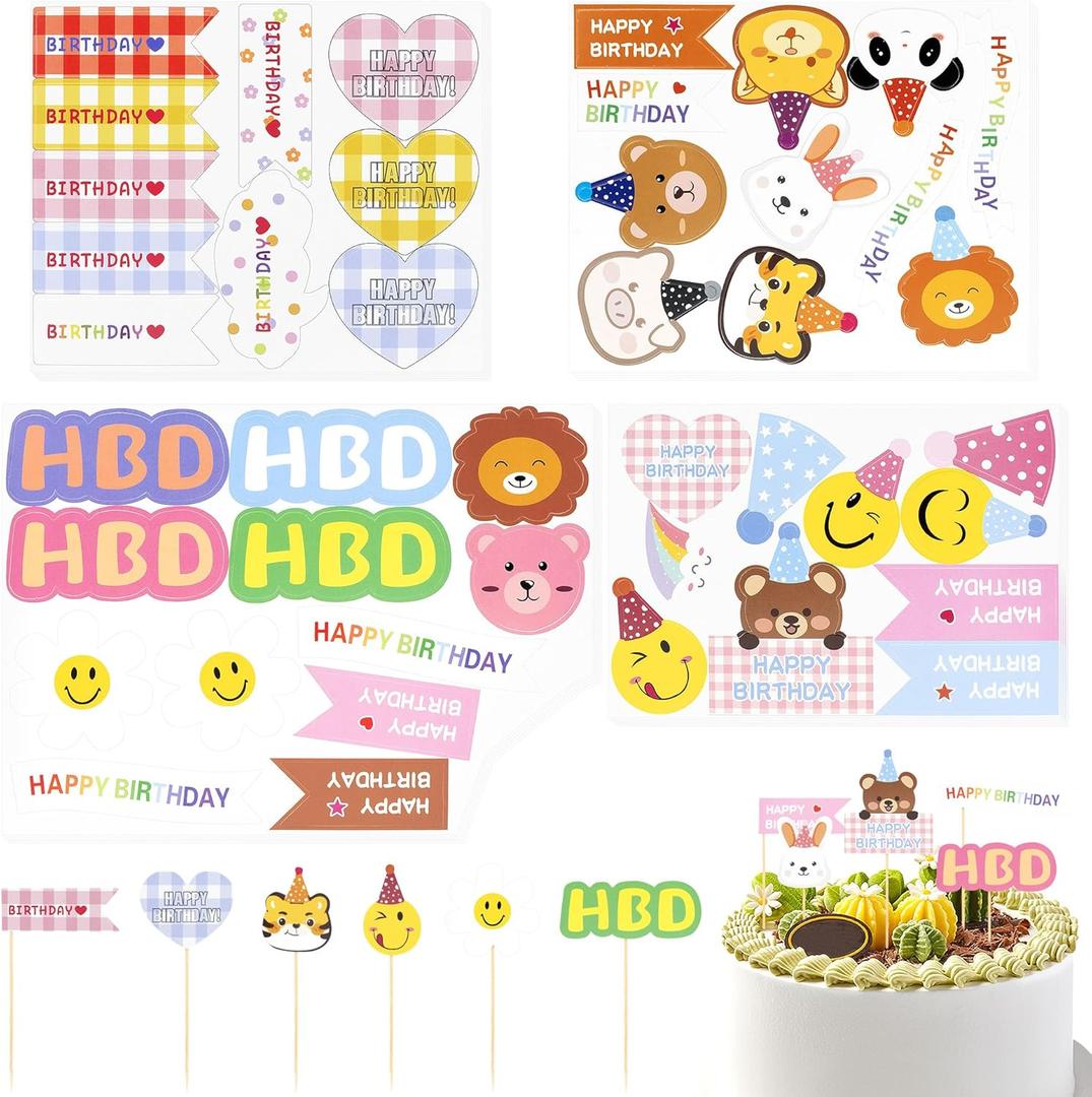 100PCS Colorful Cake & Cocktail Toppers  Smiley Face Party Picks with Bear Candles, Cloud Hats & Mini Decorations for Birthday Cakes & Dessert Tables