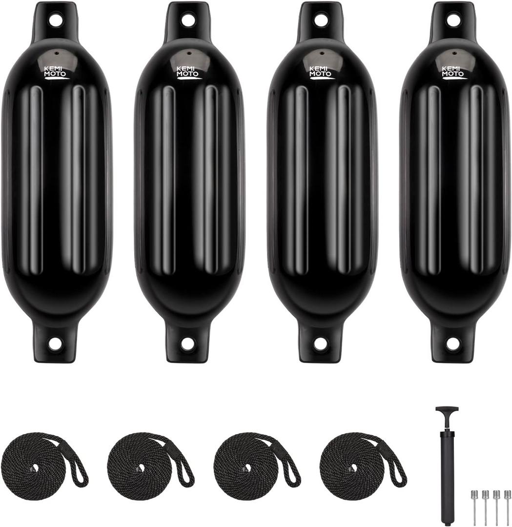 KEMIMOTO Boat Fenders Boat Bumpers for 15-35ft Boat, 4 Pack Inflatable Boat Fenders Bumpers with 4 Ropes, Boat Bumpers for Docking, Fit for Pontoon Boat Bass Boat and Jon Boat, 8.5*27"