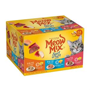Meow Mix Pate in Gravy Surf n’ Turf Pates Variety Pack, Wet Cat Food, 2.75 oz Cup, 24 Pack, BBD 07/18/2027