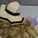 Sun Hat with Hair Extensions Hat Wig UPF 50+ Foldable Wide Brim Straw Beach Hat Attached 9" Wavy Hairpiece Synthetic for Women Summer Dark Black