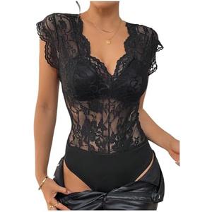 MakeMeChic Women's Lace Bodysuit Date Night Romper Deep V Neck Lace Tops Bodysuit M