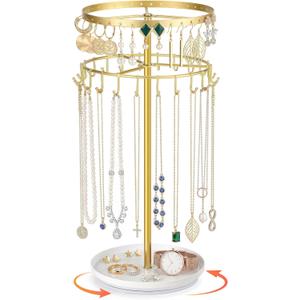 LANDNEOO Necklace Holder Jewelry Organizer, 360 Rotating 3-Tier Jewelry Stand Display, 14.3" Holds 80 Pcs, Earring Holder, Bracelet Ring Holder, Jewelry Organizer and Storage For Women Vanity Dresser