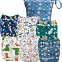 ALVABABY 6pcs Cloth Diaper Covers &1 Wet Dry Bag, Washable Reusable Cloth Nappy Shell for Prefold with Multi-Functional Bag, Flat or Fitted Diaper Inserts 6NKZ06 (Boy Color 02)