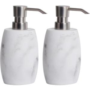 Resin Soap Dispenser Set 2, Refillable Hand Soap Dispenser with White Marble Look and Metallic Pump, Kitchen, Bathroom, Waterproof Labels (12 Oz), White