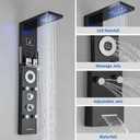 RUMOSE Matte Black Shower Panel Tower System, 5-Function Shower Faucet Set LED Light Rainfall Shower Head Digital Display with Massage Jets Tub Spout Shower Shelves, Stainless Steel, Wall Mount