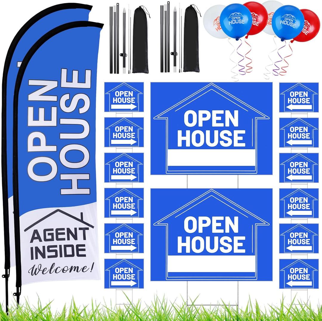 Buryeah 106 Pcs Real Estate Agent Supplies Accessories, 2 Open House Banner Flag with Pole Kit, 14 Yard Lawn Ground Sale Directional Arrows Signs with Stakes Double Sided and 90 Balloons (Blue)