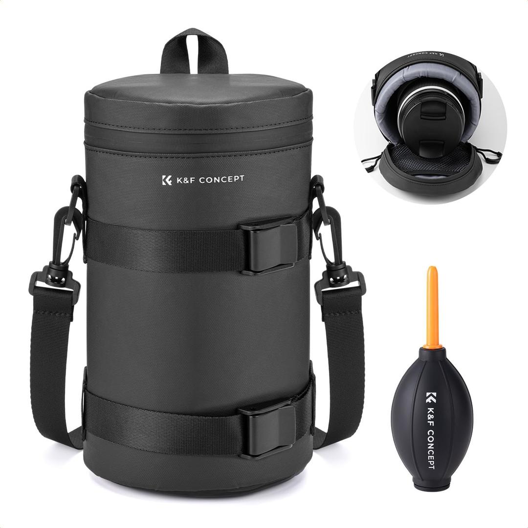 K&F CONCEPT Camera Lens Pouch Case, Waterproof Zipper Lens Protective Bag, Shockproof All-round Camera Lens Carry Bag for DSLR SLR Lens Size Below 4.53" x8.6" (D x H)
