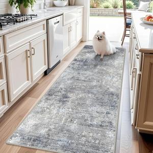 3x8 Washable Hallway Runner  Non-Slip Abstract Modern Neutral Wide Carpet Runner for Kitchen Floor, Entryway, Bedroom, Living Room  Soft Low-Pile Thin Rubber BackingBlue Gray,3x8