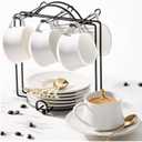 Lareina 3-Ounce Porcelain Espresso Cups Set of 6, Stackable Coffee Cups with Saucers, Spoons and Metal Stand, Ceramic Demitasse Mugs, Espresso Accessories for Machine, White