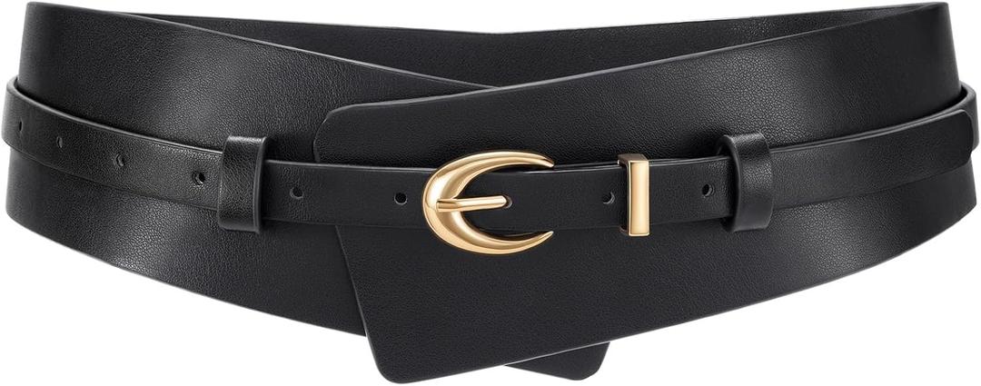 WHIPPY Women Wide Leather Belt Fashion Ladies Dress Belt 2-in-1 Waistband with Skinny Belt for Dress Suits (Fit Waist Size 38-42", Black Gold)