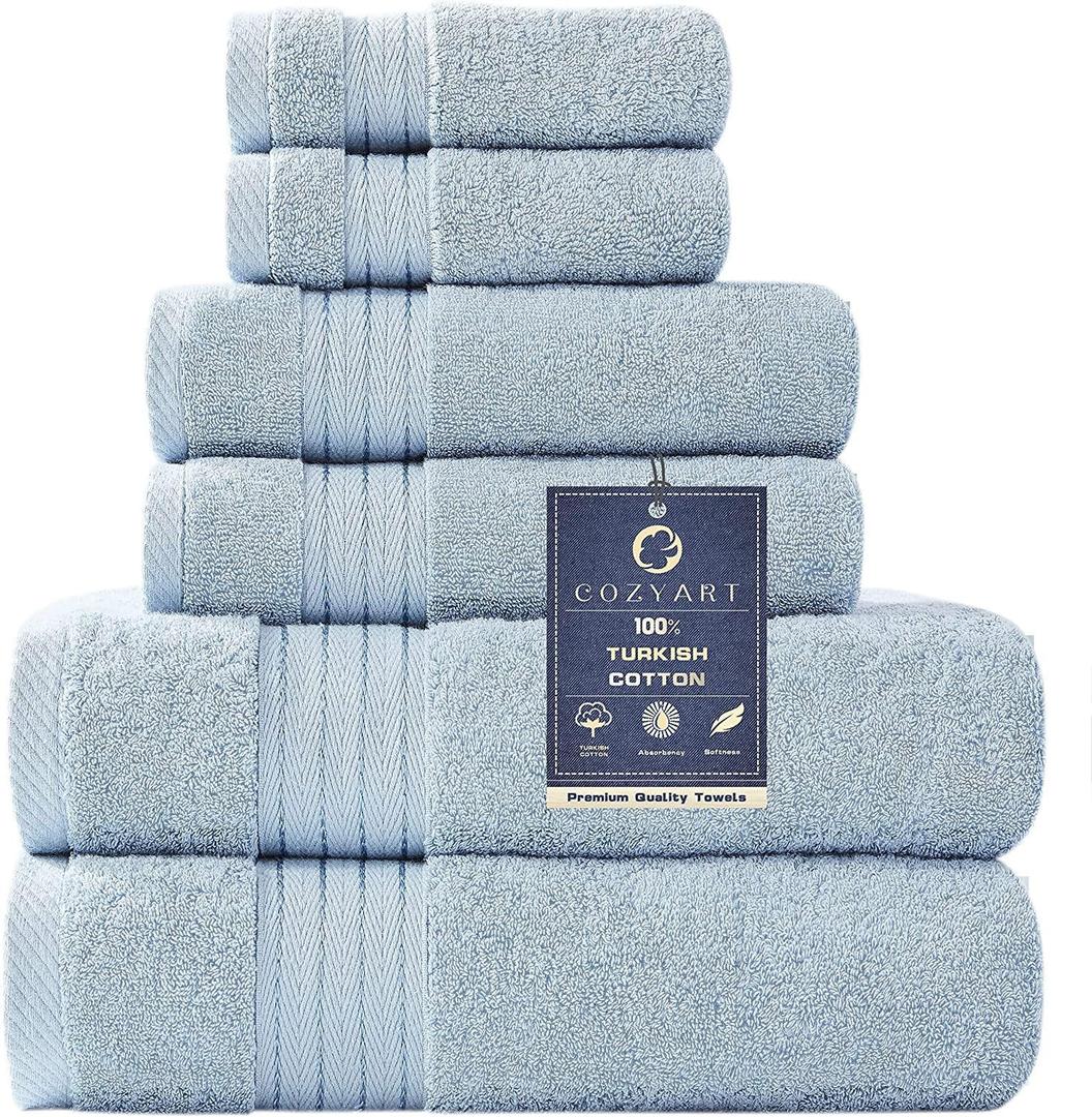 COZYART Light Blue Towel Sets for Bathroom 6Pcs, Turkish Cotton Bath Towel Set Soft Highly Absorbent and Durable 650 GSM Luxury Bathroom Sets with 2 Bath Towels, 2 Hand Towels, 2 Washclothes (Allure Blue)