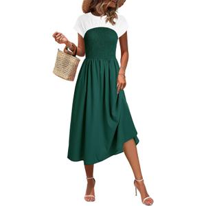 Wenrine Womens Casual Summer Midi Dress Smocked Cap Sleeve Crew Neck Color Block A Line Flowy Beach Dresses (Green, L) Wenrine Womens Casual Summer Midi Dress Smocked Cap Sleeve Crew Neck Color Block A Line Flowy Beach Dresses (Green, L)