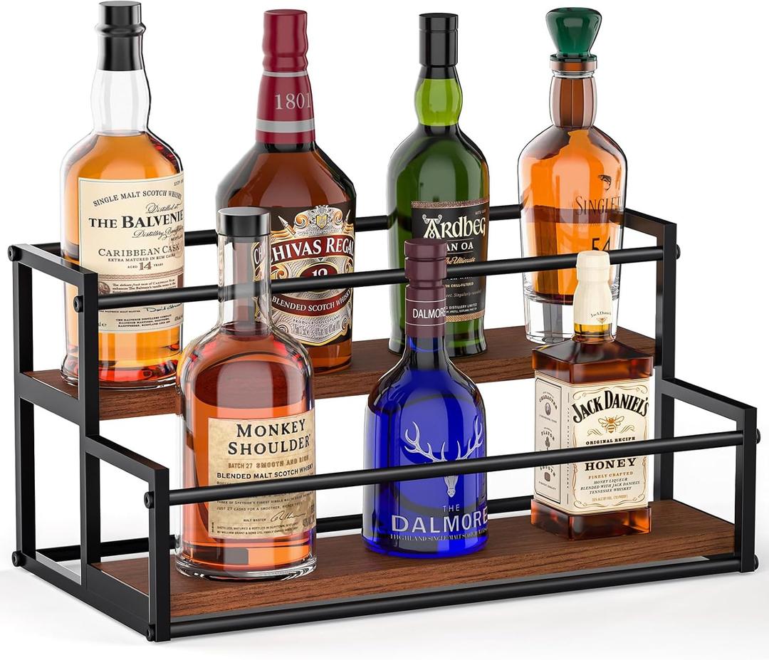 THYGIFTREE Liquor Bottle Display Shelf 2 Tier Rack Holder Bar Shelf Stand for Wine Whiskey Risers Organizer Kitchen Countertop