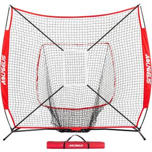 7'X7' Baseball Softball Practice Net,Pitching Net,Batting Net,with Baseball Tee,Bonus Strike Zone and Bow Frame,for Hitting,Pitching, Catching