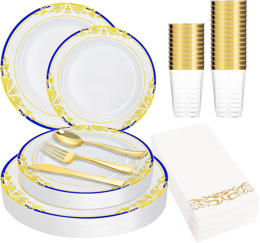 175PCS Disposable Dinnerware Plates and Cutlery Set for 25 Guests-Gold Heavy Duty Disposable Plates,Includes 10.5''Dinner Plates and 7.5''Dessert Plate,9ozCups and Cutlery for Catering Events.