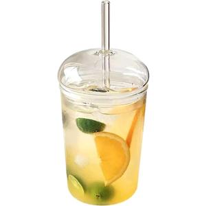 16oz Glass Tumbler with Straw and Lid,Glass Cup with Dome and Straw, Dome Tumbler,Iced Coffee Cup with Lids,Heat Resistant Clear Drinking Cups for Smoothies Juice