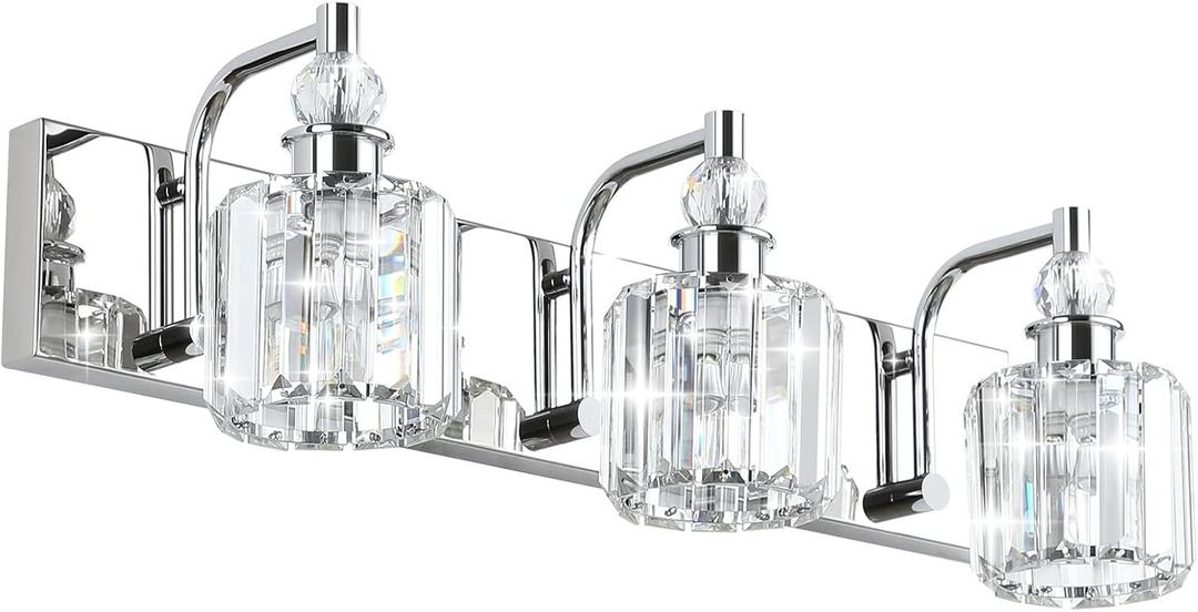 Ralbay Crystal Vanity Light Fixtures 3 Light Modern Crystal Bathroom Lights Fixtures Over Mirror Stainless Steel Chrome Vanity Light for Bathroom Wall Lights Fixtures (24 inch)
