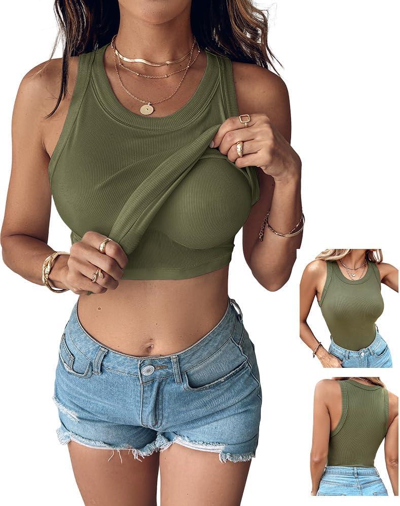 CHICME Women Built-in Bra Tank Tops Sleeveless Casual Shirts Racerback Ribbed Fitted Tank Tops (Green) Small