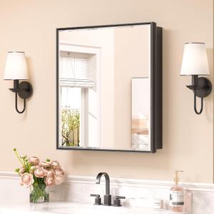 Keonjinn 24" x 26" Black Medicine Cabinets Mirror, Wall Mount or in Wall | Made In Aluminum Rust-resistant, Adjustable Shelves, Fully Assembled, Recessed Medicine Cabinet for Bathroom, Single Door