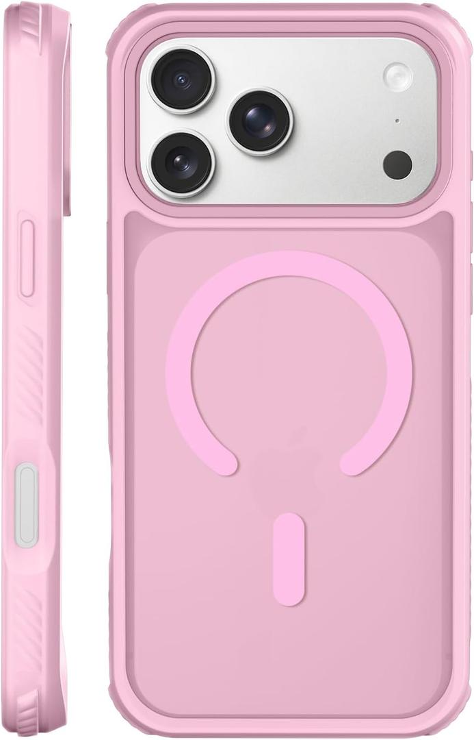 Magnetic for iPhone 17 Pro Case, Compatible with MagSafe, Threaded Border Non-Slip, 4 Cornered Pro Drop Protection, Alloy Camera Frame, Mil-Grade Drop, Shockproof Phone Case, Pink