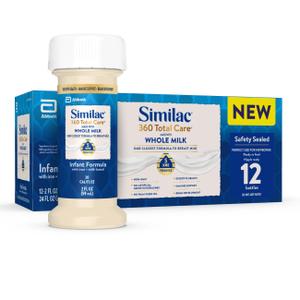 Similac 360 Total Care Made With Whole Milk, Ready-to-Feed Baby Formula | Only infant formula made with whole milk & an exclusive blend of 5 immune-nourishing prebiotics in 2-fl-oz bottles, 12 pack, Best By: 01 JUL2027