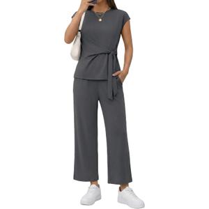 Casly Lamiit Two Piece Sets for Women Summer Outfits Cap Sleeve Belted Crop Top Wide Leg Pants Matching Set (Gray, S)