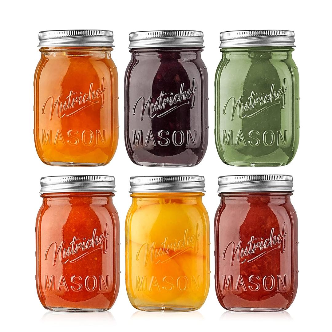 NutriChef 6-Pack 16 oz Mason Jars with Lids - Thick Glass Canning Jars with Stainless Steel Lids - Ideal for DIY Spices, Meal Prep, Overnight Oats, Jelly, Jam, Honey, Candles, Crafts, & More