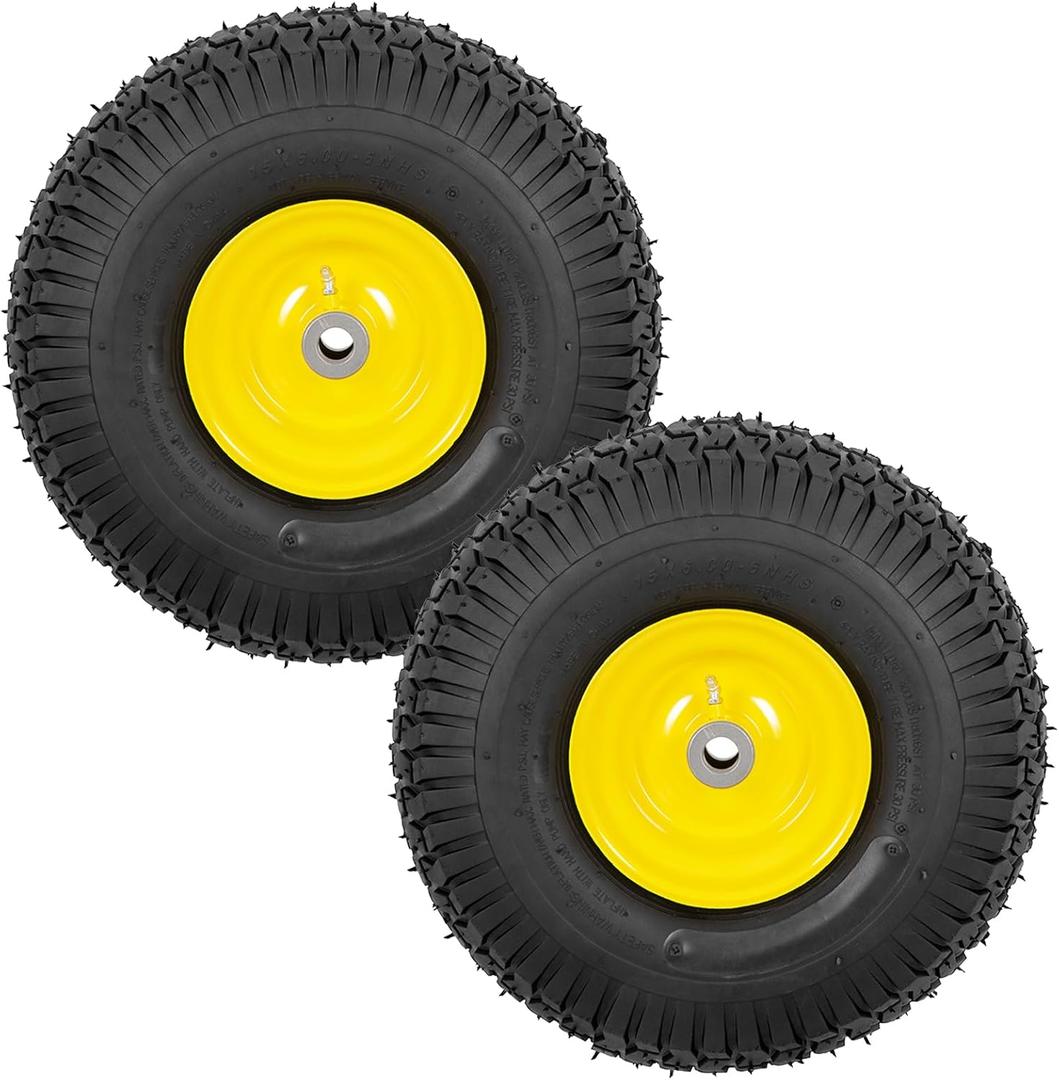 2 PCS Exact Replacement 15x6.00-6" Front Tires and Wheel Assembly for John Deere Riding Mowers, Compatible with John Deere 100 and 300 Series, 3" Offset Hub, 3/4" or 5/8" or 1/2" Bushings (Yellow)