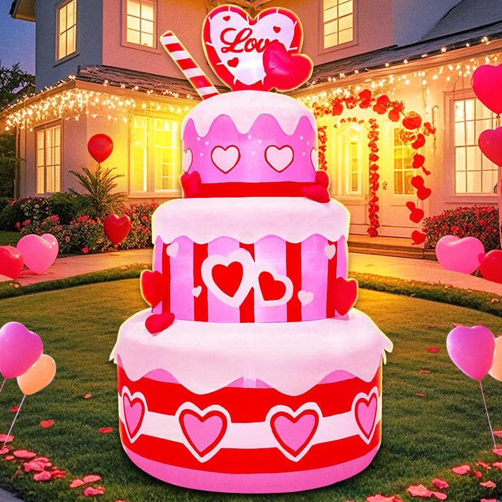 5FT Valentines Inflatables Birthday Cake Outdoor Decorations with Candles Heart, Build-in LED Lights for Happy Birthday Party Indoor Wedding Anniversary Garden Yard Lawn Dcor