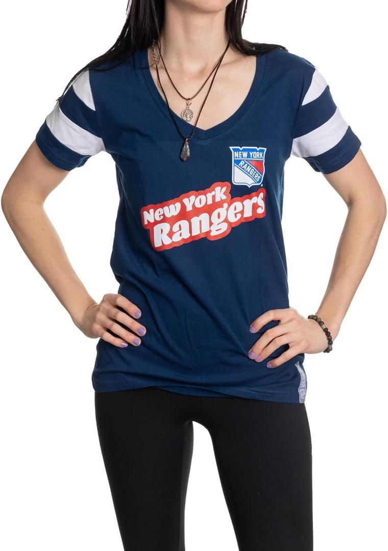 Calhoun NHL Womens Retro Varsity Short Sleeve Cotton V-Neck T-Shirt, Size Large