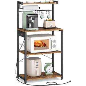 VASAGLE Kitchen Bakers Rack with Power Outlet, Coffee Bar 4-Tier with 8 S Hooks, Microwave Stand, Adjustable Shelf, for Small Spaces, Rustic Brown and Ink Black UKKS014K01V1 (23.6"W)
