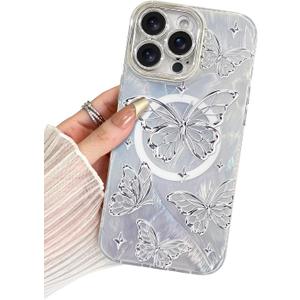 BITOBE Designed for iPhone 16 Pro Case Silver Butterfly Design, Slim Shiny Glitter Shockproof Bumper Compatible with Magsafe Charging with Camera Protection for Women Girls Men 6.3"- Silver