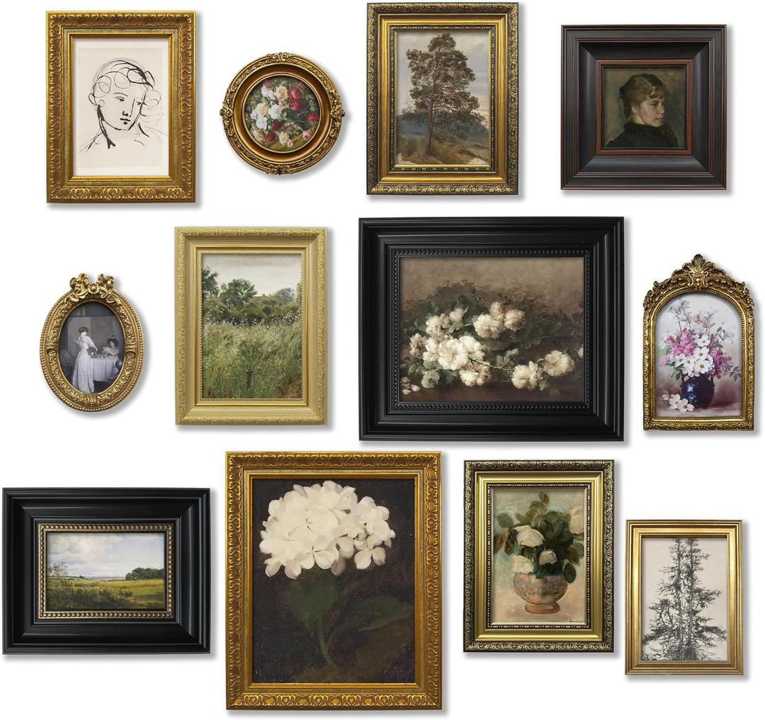 TwoDays 12 Pcs Vintage Picture Frame Set for Gallery Wall Antique Gold & Brass, Sizes 8x10, 5x7, 4x6 | Wall & Tabletop | Shatterproof Acrylic | Home Decor