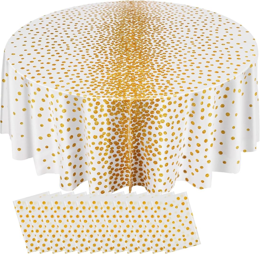 VitalCozy 12 Pcs Round Dot Tablecloth 84 Inch Plastic Table Cover Polka Dot Confetti Tablecloths for Halloween Fall Thanksgiving Wedding Birthday Party Supplies (White and Gold)