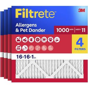 Filtrete 16x16x1 Air Filter, MERV 11, MPR 1000, Allergens & Pet Dander, 3-Month AC and Furnace Filters, Cleaner Air, Reliable Airflow, 4 HVAC Filters (Actual Size 15.81 x 15.81 x 0.81 in)