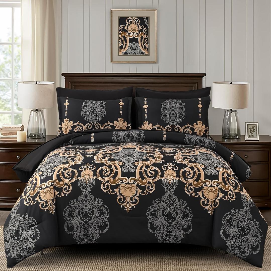 Mybedsoul Black Queen Comforter Set, 7 Pieces Gold Boho Bed in a Bag for Queen Bed, Damask Comforter with Sheets Pillowcases, Soft Microfiber Lightweight Bedding Sets for All Season(90"x90")