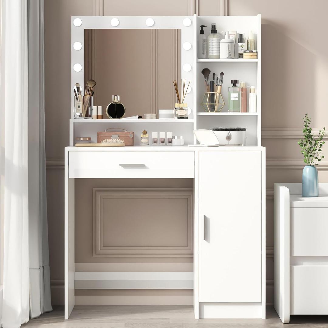 Palimder Vanity Desk with Mirror and Light, Large Drawer and Three Level Storage Dresser, 3 Lighting Modes Adjustable Brightness, Bedroom Dressing Table (White)