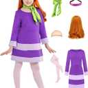 Daphne Costume Dress Kids Girls Halloween Costume Deluxe Cosplay Outfits Wig Scarf Headband Stockings Accessories (3-4 Years)